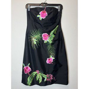 C J Laing Palm Beach Black Silk Sleeveless Pink Embroidered Flowers Dress size 4